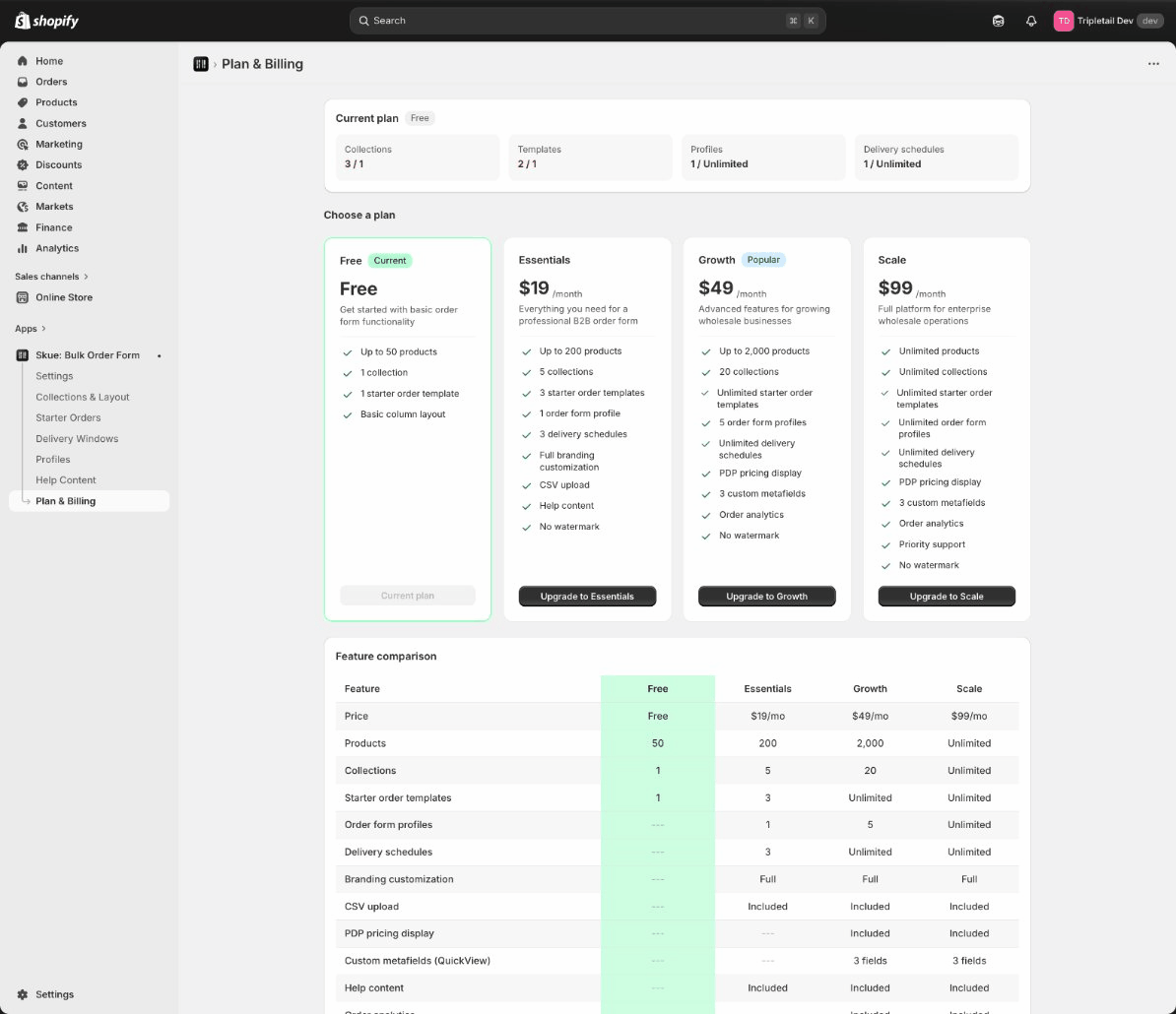Skue Plan and Billing page showing Free, Essentials, Growth, and Scale plan cards with feature comparison table