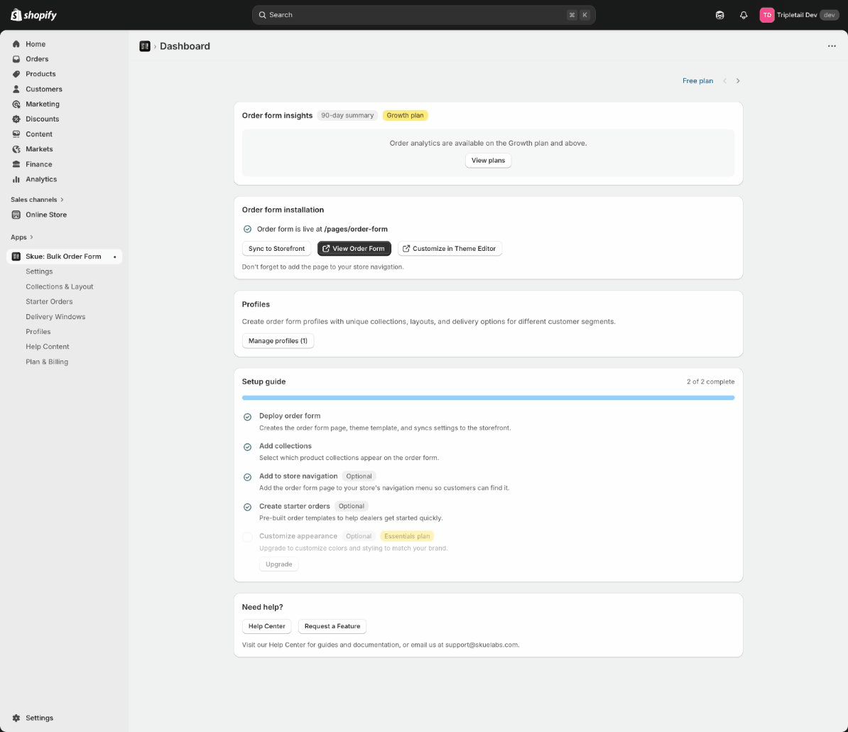 Skue Dashboard showing installation status, setup guide, and profiles