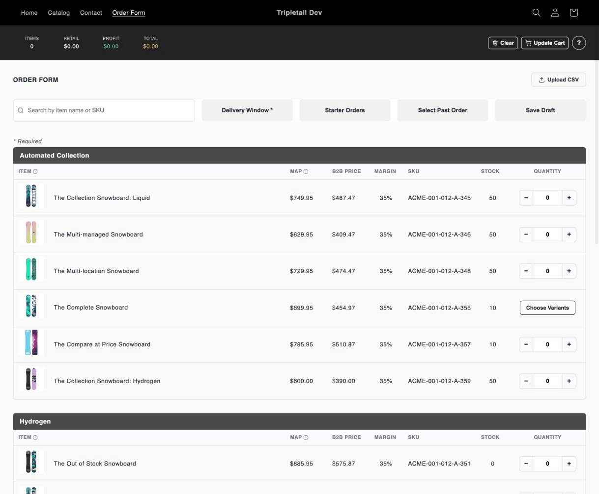 Storefront order form showing review bar, search toolbar, delivery windows, starter orders, and product grid with pricing columns