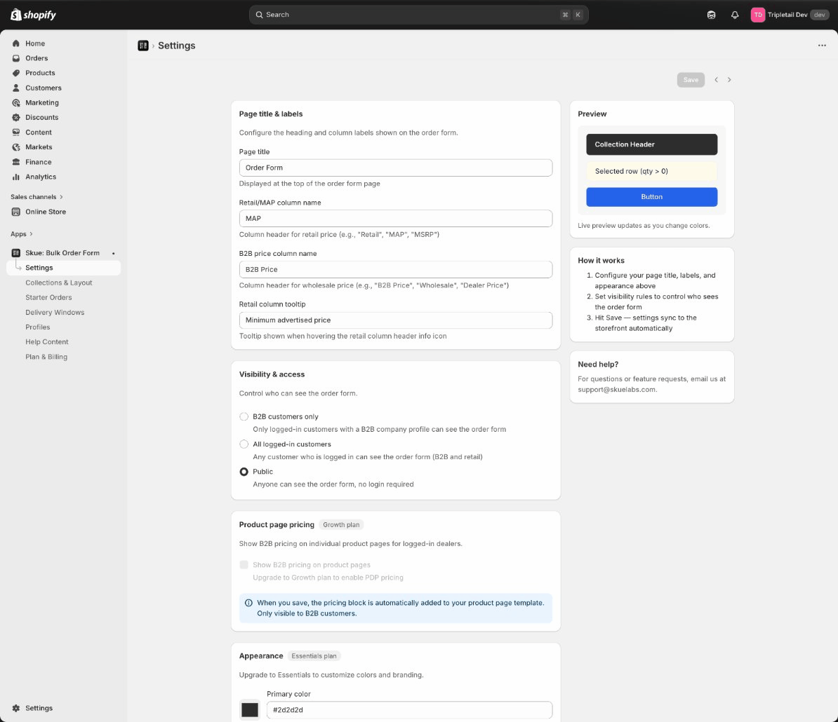Skue Settings page showing page title, visibility, PDP pricing, and appearance options